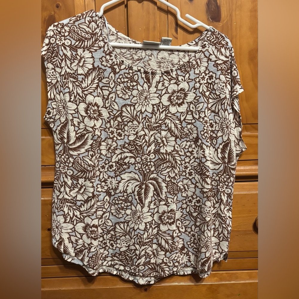 Rachel Zoe Brown Floral Scoop Neck Short Sleeve Tee